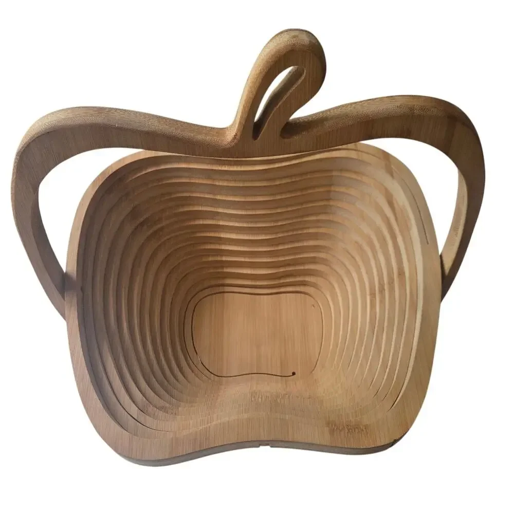 VTG Apple Shaped Collapsible Bamboo Fruit Basket Farmhouse Cottage Kitchen Decor